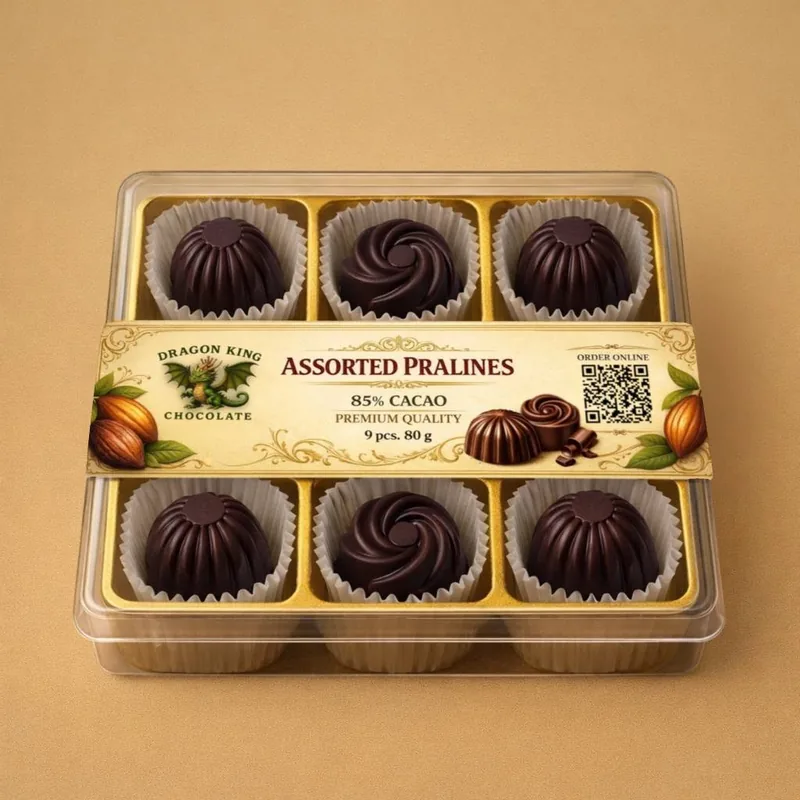 Clear box of nine assorted Dragon King Chocolate pralines with a gold label band