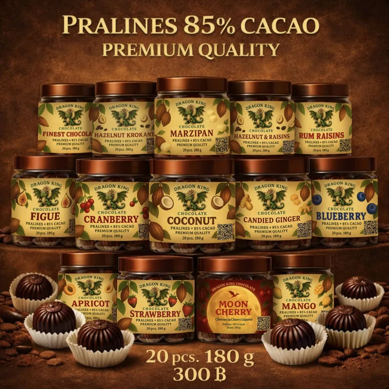 The full range of Dragon King Chocolate 85% cacao praline jars arranged in rows with pralines in front