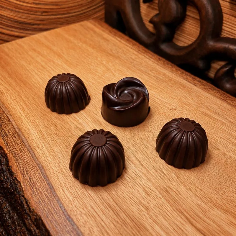 Four fluted dark chocolate pralines on a wooden board
