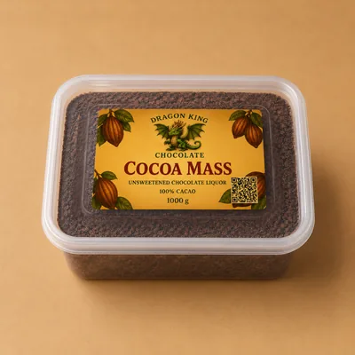 A 1 kilogram tub of Dragon King Chocolate unsweetened cocoa mass