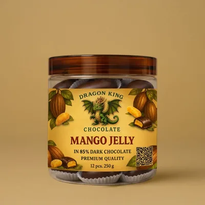 A jar of Dragon King Chocolate Mango Jelly in 85% dark chocolate