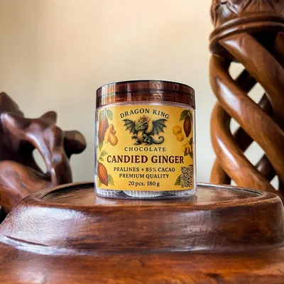 Jar of Dragon King Chocolate Candied Ginger pralines