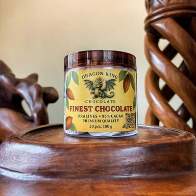Jar of Dragon King Chocolate Finest Chocolate pralines, 85% cacao, on a carved wooden stand