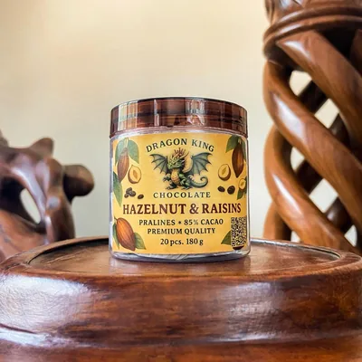 Jar of Dragon King Chocolate Hazelnut and Raisins pralines
