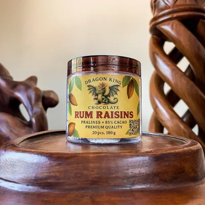 Jar of Dragon King Chocolate Rum Raisins pralines